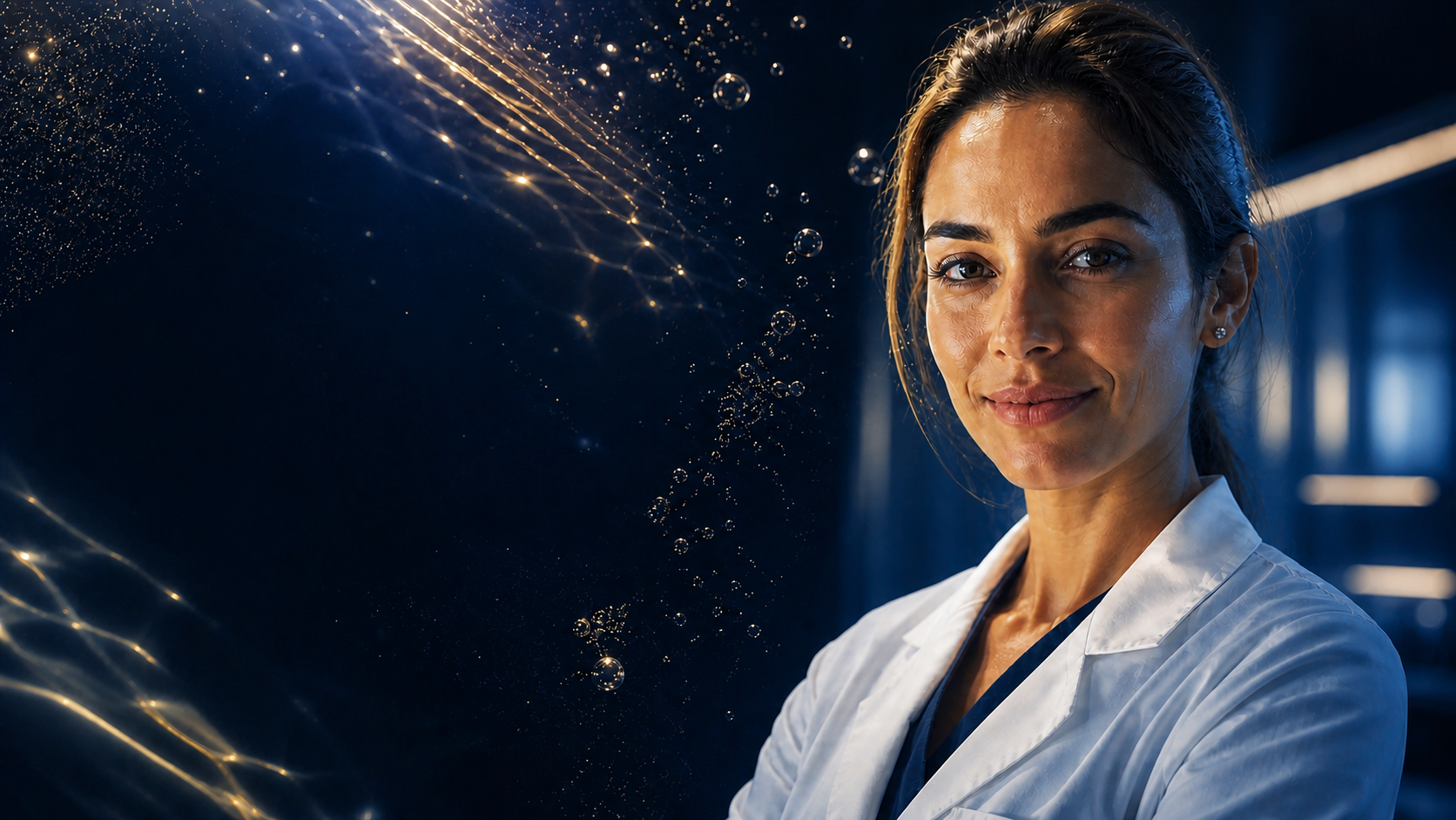 Médica em ambiente clínico com luzes fluidas em azul-marinho e dourado