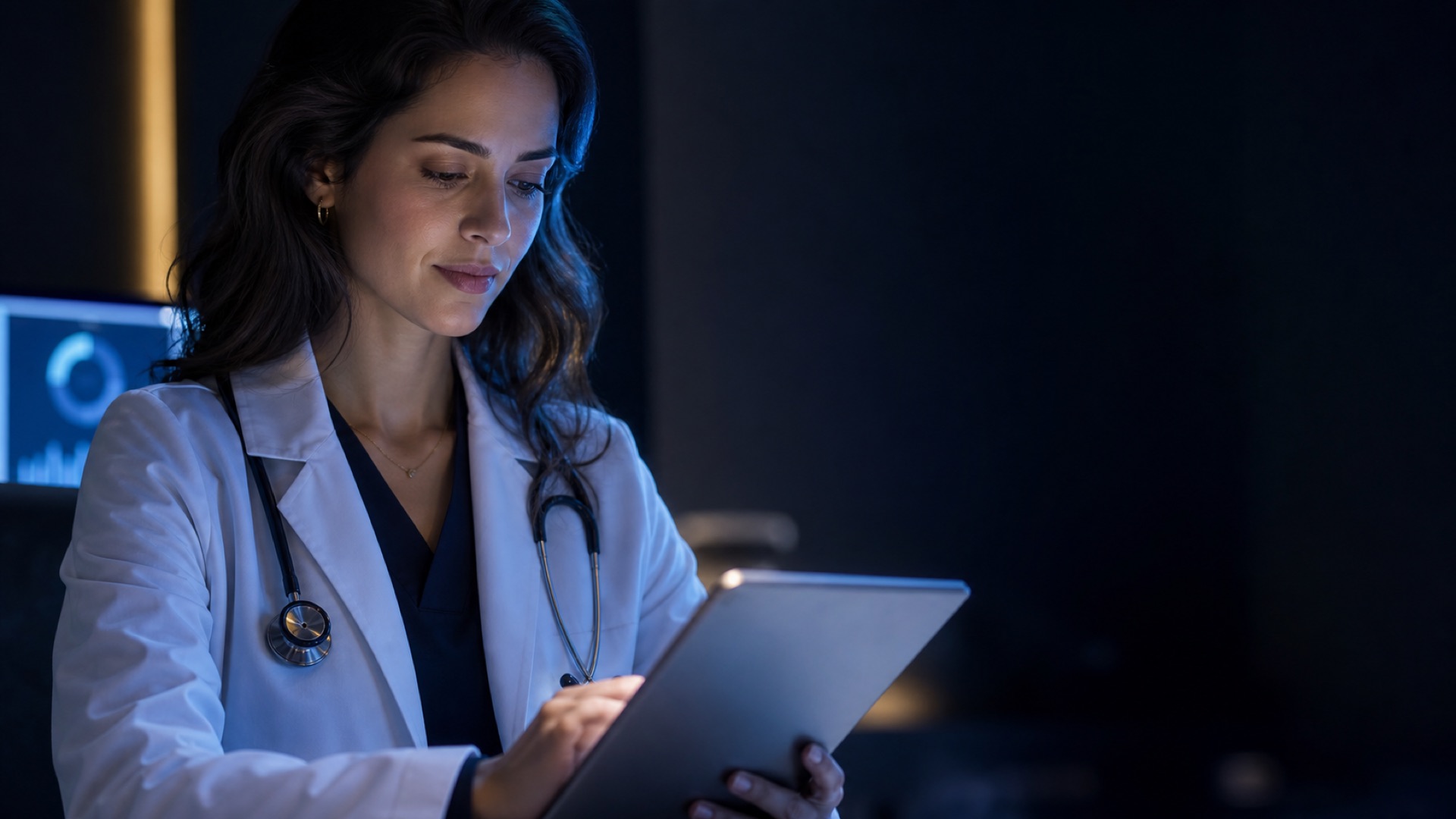 Médica analisando informações do consultório em ambiente de tom azul