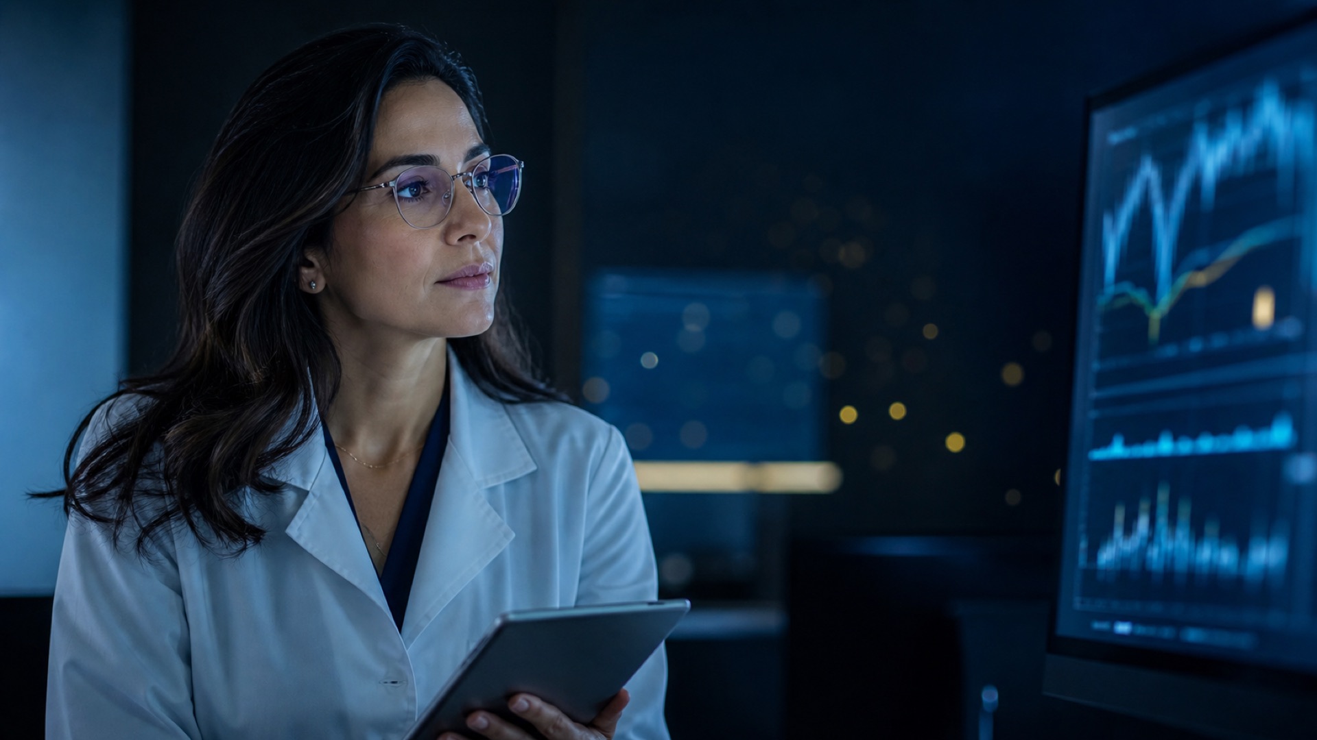 Médica revisando dados e indicadores em ambiente de tom azul